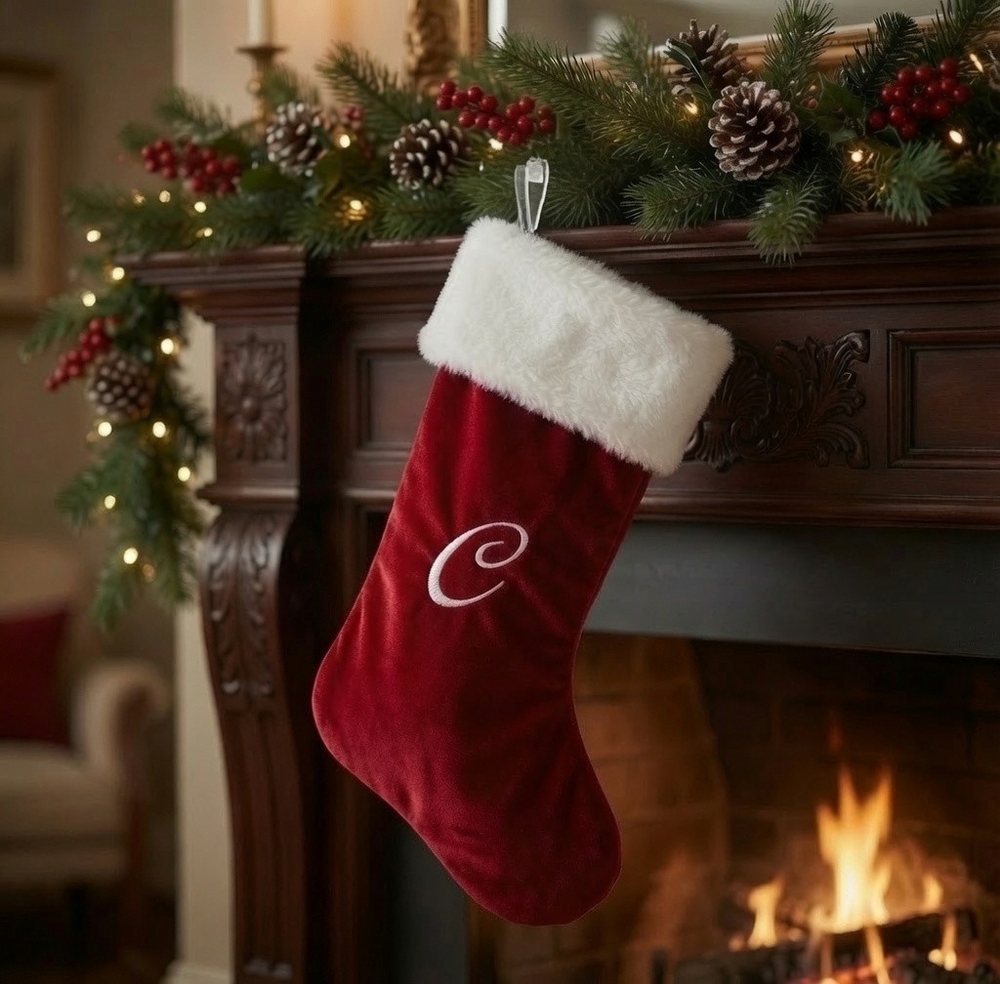 Monogram Letter C Red Velvet Christmas Stocking White Faux Fur Cuff 18.5" EXC